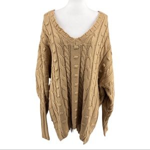 AFRM Tan V Neck Cable Knit Long Sleeve Sweater